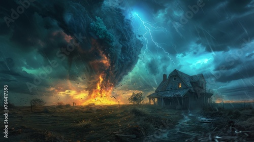 Apocalyptic Tornado Engulfing House in Stormy Field Expressing Climate Crisis