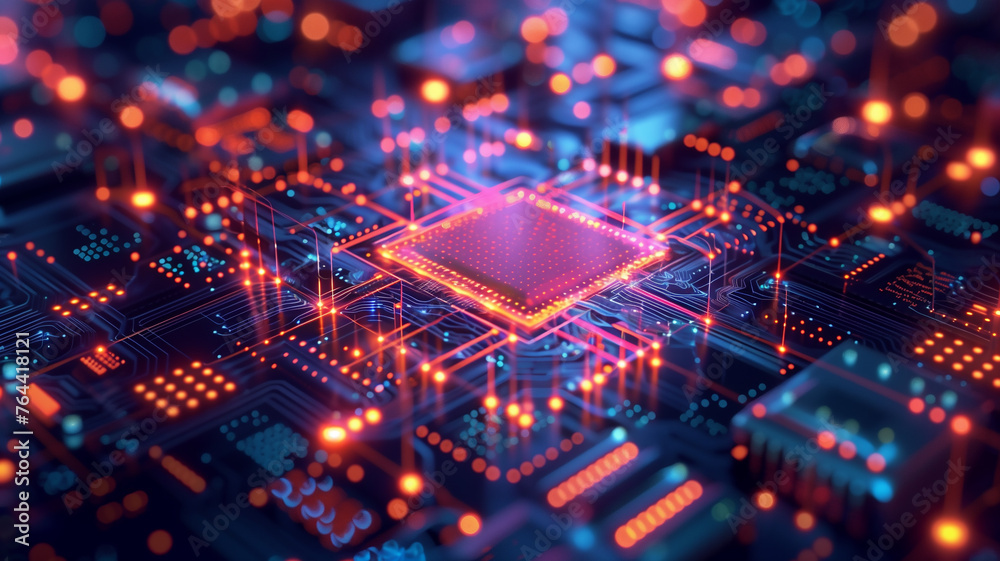 Fototapeta premium Close up of a high technology futuristic circuit board with neon light.