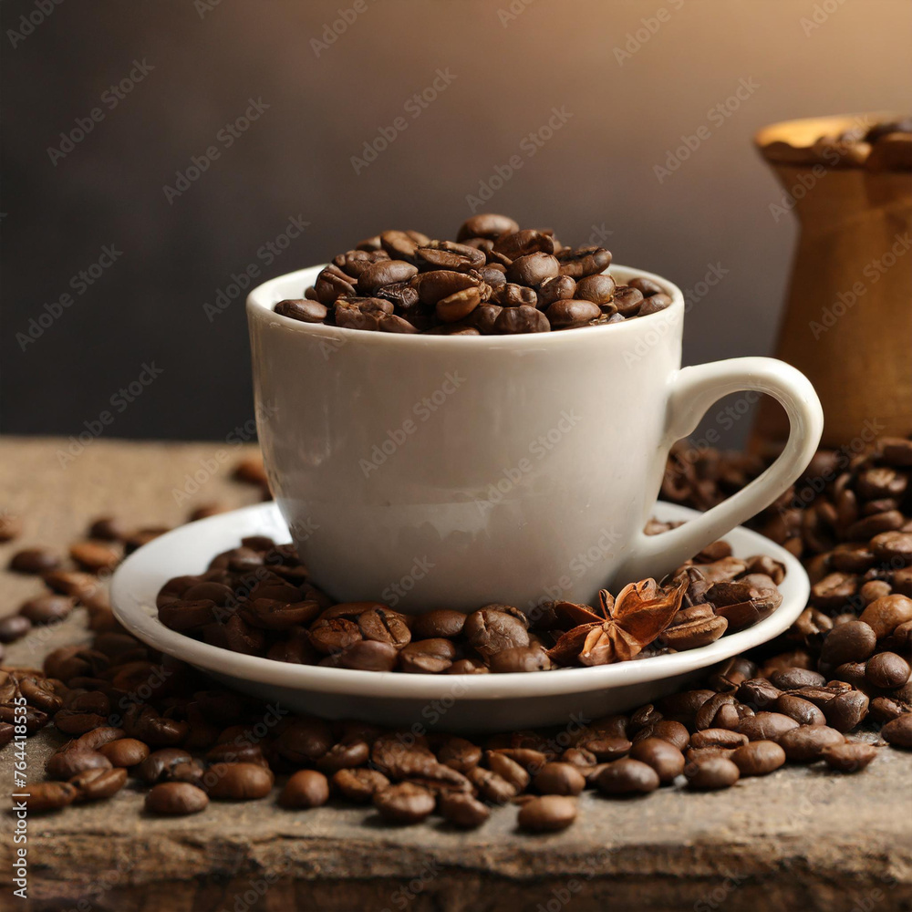 Delicious coffee beans inside the cup and plate from the front Delicious coffee beans inside the cup and plate from the front