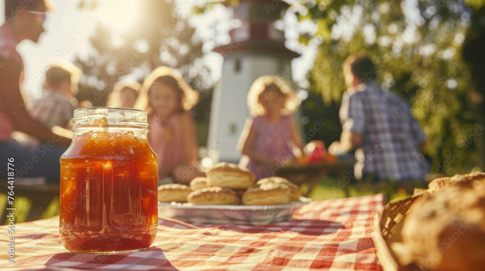 A jar of homemade jam accompanied by freshly baked biscuits sits on a vintage checkered tablecloth as a family enjoys a picnic at the base of a lighthouse.