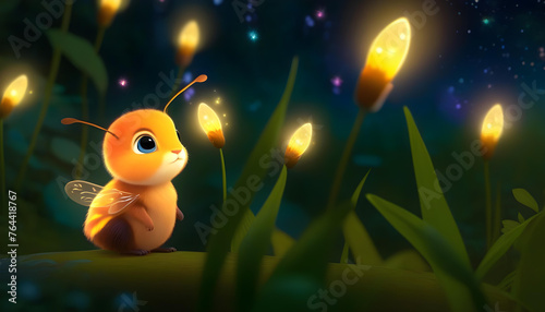 An illustration of a small firefly gazing up at a giant ball of glowing flowers and fireflies