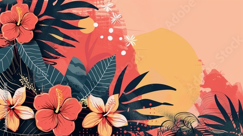 Pacific Islander Heritage month abstract banner with tropical flowers. photo