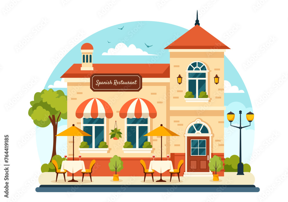 Spanish Restaurant Vector Illustration with Various of Food Menu Traditional Dish Typical Recipe and Cuisine in Flat Cartoon Background Design