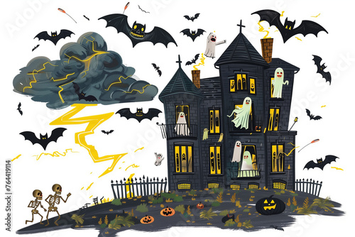 Digital illustration of a haunted house with bats, skeletons, ghosts, and pumpkins for Halloween - Generative AI