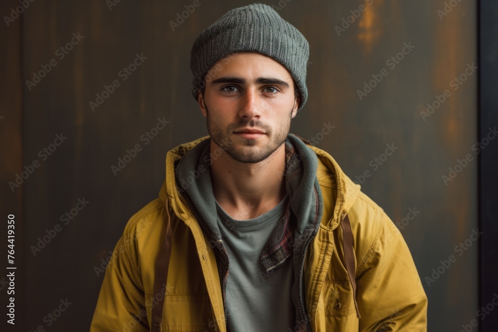 Portrait of a handsome young man in a yellow jacket and hat. Portrait of a handsome young man in a yellow jacket and hat.