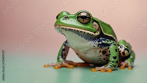 Green exotic frog jumping on a pastel gradient background with copy space