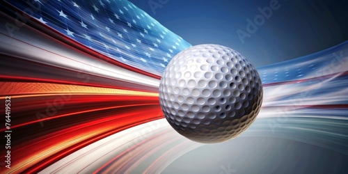 Golf ball in motion with USA flag background - Dynamic close-up of a golf ball against a stylized American flag, symbolizing energy and movement in sport