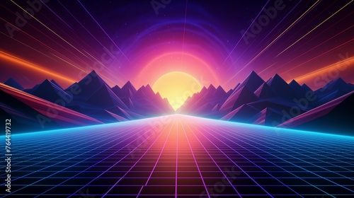 Retro neon synthwave landscape with mountain silhouette at sunrise.
