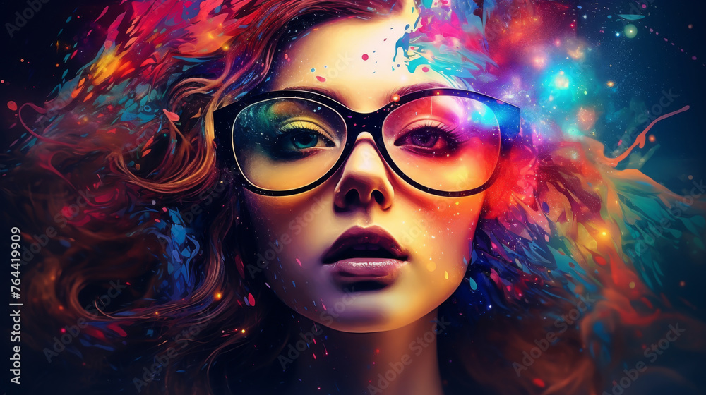 portrait of a girl with closed glasses on an abstract colorfull background
