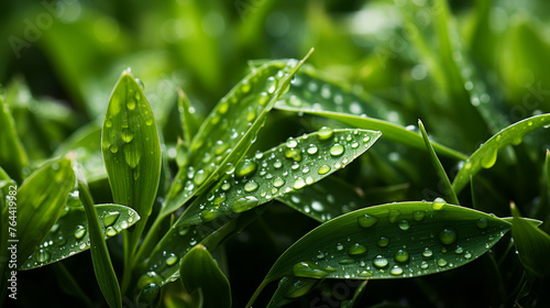 green grass with drops of dew on the foliage