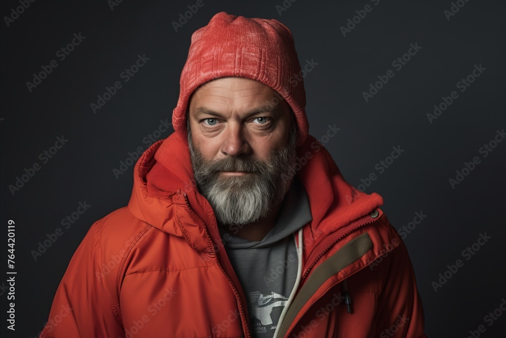 Portrait of a bearded man in a red jacket with a hood. Portrait of a bearded man in a red jacket with a hood.