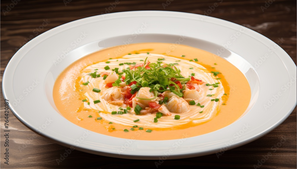 Lobster Bisque, classic creamy and smooth, seasoned soup from lobster and aromatics, cinematic food photo Lobster Bisque, classic creamy and smooth, seasoned soup from lobster and aromatics, cinematic food photo