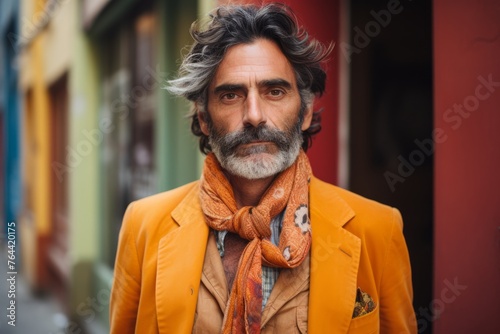 Portrait of a handsome bearded Indian man in orange coat and scarf