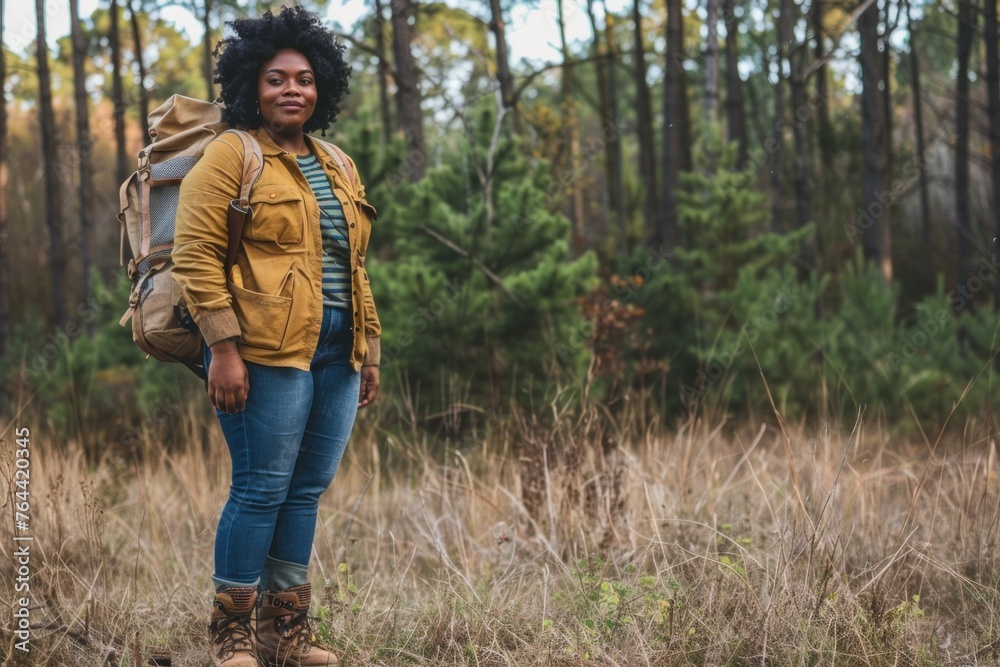 Confident plus-size African American female hiker with backpack in the forest. Place for text.