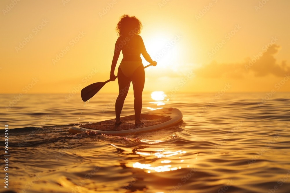African American plus-size woman paddle boarding at sunset. Leisure, fitness, travel, adventure, and summer activities.