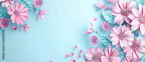 Digital composition of flowers on blue backdrop - This digital art piece features a symmetrical arrangement of flowers with cool tones on a tranquil blue background © Tida