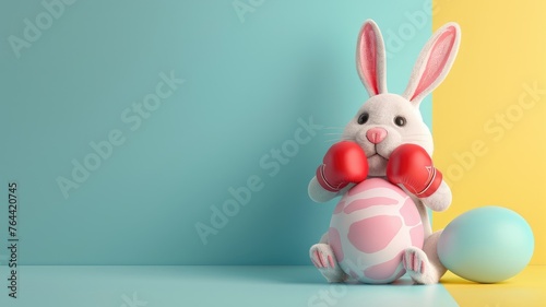 Easter bunny with boxing gloves on pastel background - A quirky 3D- image featuring an Easter bunny with red boxing gloves  contrasting playful Easter themes with a competitive sports concept