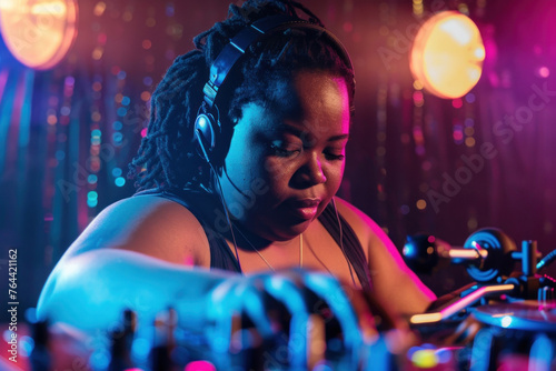 An African American female DJ focuses on mixing tracks at a club. Image suitable for music, entertainment, and nightlife concepts. © evgenia_lo