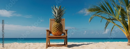 Summer beach concept  chair with ring floating and pineapple on blue background