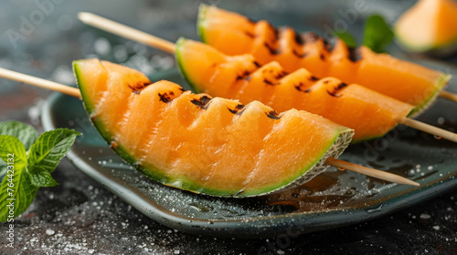 A slice of perfectly ripe cantaloupe on a skewer ready to be grilled and enjoyed as a snack. photo