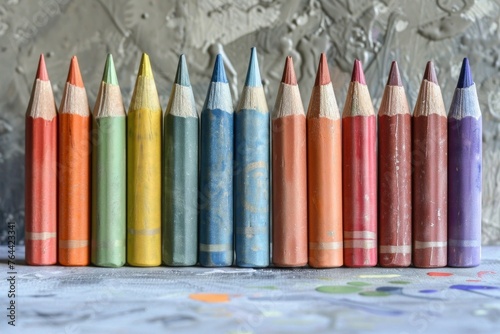 Row of pastel-colored pencils on a white surface.