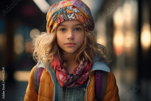 Portrait of a beautiful young girl in a hat and scarf.