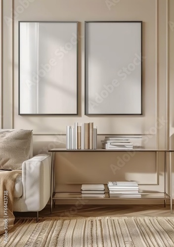 Frame Mockup Set in a Light Pastel Beige Room Interior Background. Presented in 3D Render. Made with Generative AI Technology