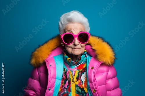 Elderly woman in pink jacket and sunglasses on blue background.