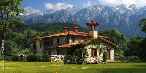 beautiful Spanish style home with red tile roof and walls, generative AI photo