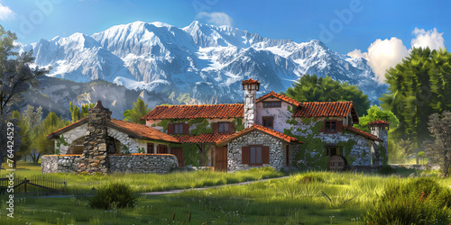 beautiful Spanish style home with red tile roof and walls, generative AI