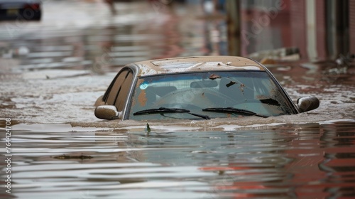 A car submerged in murky waistdeep floodwater with its windshield wipers still moving as the aftermath of a citywide flood takes its toll. photo