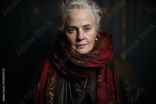 Portrait of an elderly woman in a red scarf on a dark background
