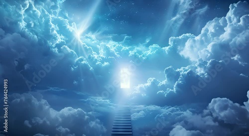 A staircase leading to a door in the sky, clouds around photo