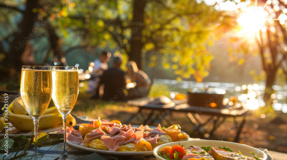 As the sun continues to rise the picnicgoers sip on mimosas and indulge in fluffy omelets filled with savory ham and gooey cheese.