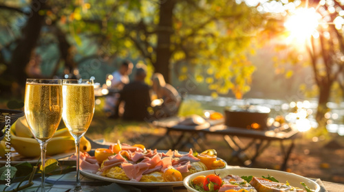 As the sun continues to rise the picnicgoers sip on mimosas and indulge in fluffy omelets filled with savory ham and gooey cheese. photo