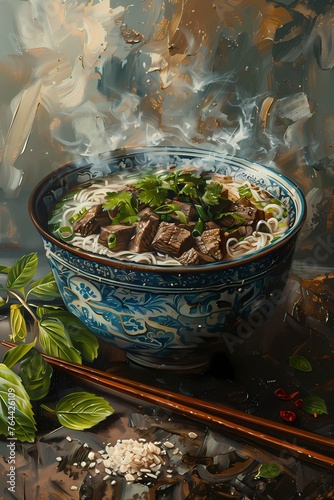 Strong brush stroke  oil Painting  features  a bowl of pho Vietnamese beef noodle, artwork for wall art, home decor and background 