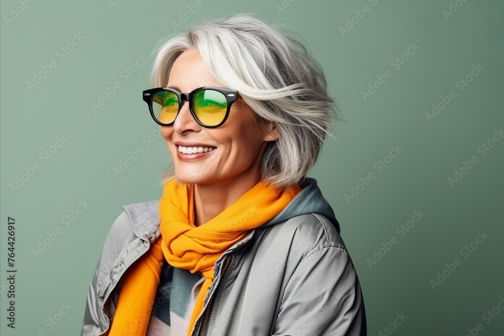 portrait of smiling senior woman in sunglasses and scarf on green background