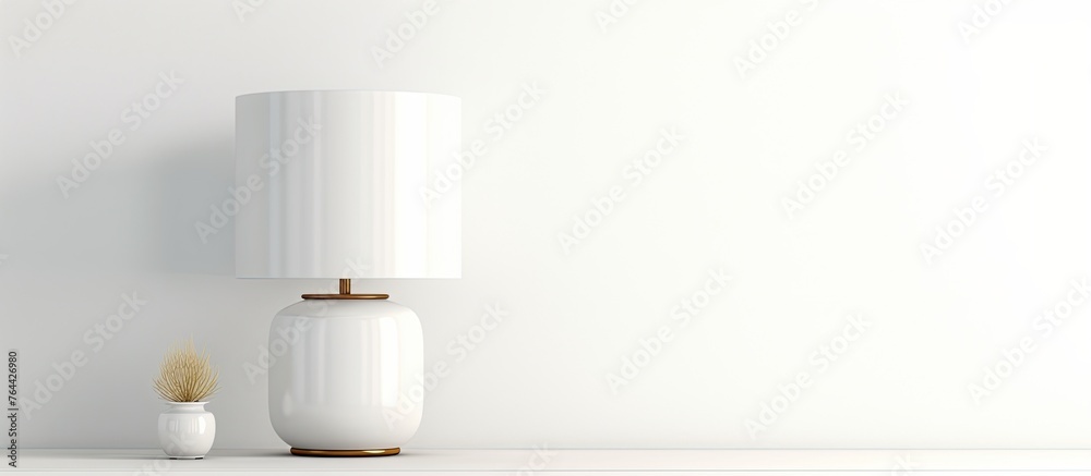 A standard white lamp is placed on a shelf next to a decorative vase, creating a simple and elegant home decor setup