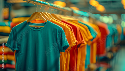 Colorful clothes arranged on racks in a fashion store, showcasing retail diversity and style photo