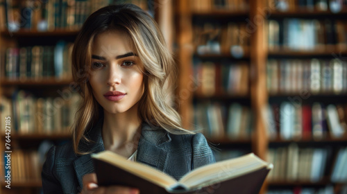 A woman is reading a book in a library. She is wearing glasses and has long hair. The book is open to a page with a picture on it. The scene is quiet and peaceful