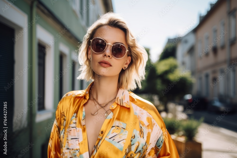 Outdoor fashion portrait of beautiful young woman in sunglasses. Girl in the city.