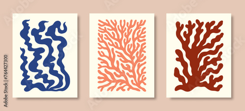 Matisse Coral Abstract Shape. Vector Poster Organic Art Poster. Modern Pattern with Leaf, Algae. Geometric Floral Prints in Contemporary Minimal Style. Trendy Boho Illustrations