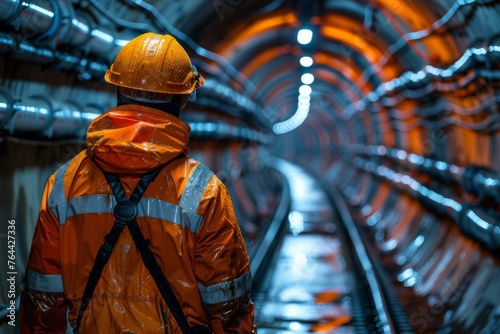 Worker wearing safety gear in tunnel - An industrial scene capturing a construction worker clad in high-visibility orange safety gear inspecting a tunnel's infrastructure