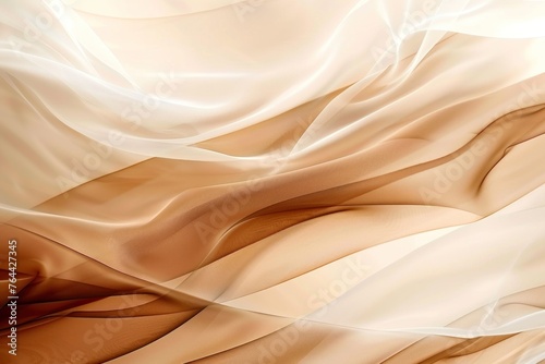 A white and tan fabric with a pattern of brown and white stripes. The fabric is flowing and has a sense of movement