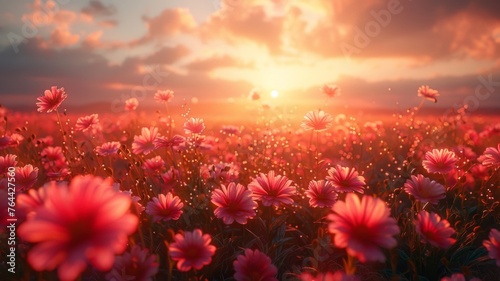 Vibrant sunset over a field of flowers - A breathtaking view of a sunset sky diffused with warm colors over a serene field of blooming flowers © Tida
