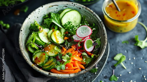 A bowl of salad with cucumbers, carrots, and radishes. The bowl is on a plate and there is a sauce on the table