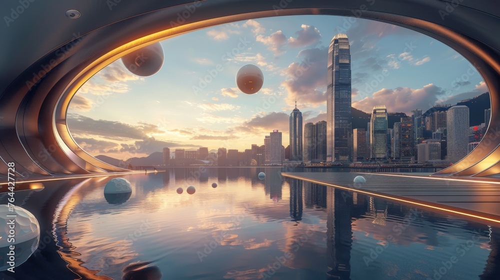 Modern cityscape seen through round window - An artistic depiction of a modern city skyline at sunset, viewed through a circular window with floating elements