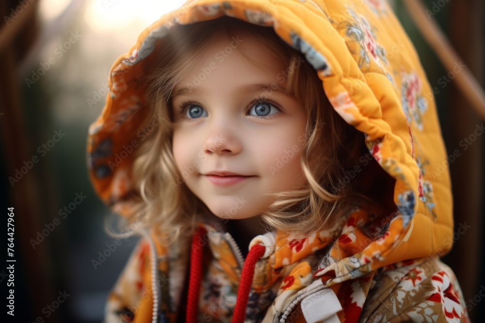 Portrait of a beautiful little girl with blue eyes in a yellow raincoat Portrait of a beautiful little girl with blue eyes in a yellow raincoat