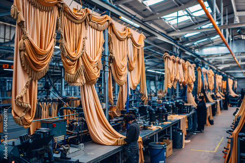 Industrial textile manufacturing, highlighting machinery and fabric production in a factory setting photo
