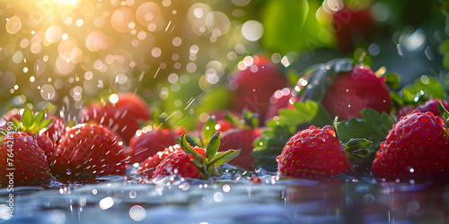 Strawberries are in a water splash,Summertime Refreshment: Fresh Strawberry Splash,Vibrant Strawberry Splash: Refreshing Fruit Drenched  © Vision